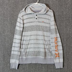 Hurley Hoodie Mens Medium Gray Striped Pullover Casual Surf Henley